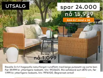 Skeidar Ravello 3+1+1 hagesofa naturfarget rundflett med beige putesett og sorte ben tilbud