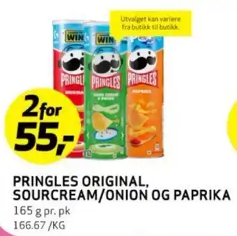 Bunnpris PRINGLES ORIGINAL, SOURCREAM/ONION OG PAPRIKA tilbud