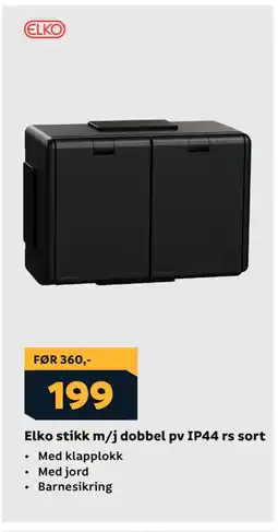 Megaflis Elko stikk m/j dobbel pv IP44 rs sort tilbud