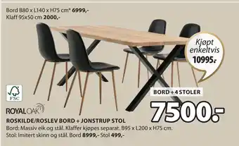 JYSK ROSKILDE/ROSLEV BORD + JONSTRUP STOL tilbud