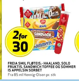 Bunnpris FREIA SMIL FLØTEIS, HAALAND, SOLO FRUKTIS, SANDWICH TOFFEE OG SOMMER IS APPELSIN SORBET tilbud