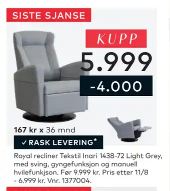 Skeidar Royal recliner Tekstil Inari 1438-72 Light Grey tilbud