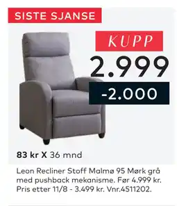 Skeidar Leon Recliner Stoff Malmø 95 Mørk grå tilbud