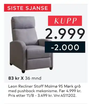 Skeidar Leon Recliner Stoff Malmø 95 Mørk grå tilbud