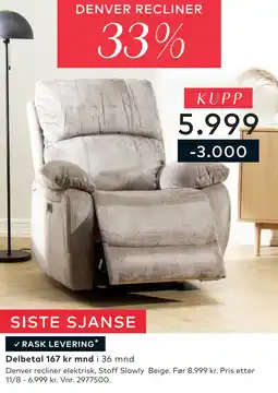 Skeidar Denver recliner elektrisk tilbud