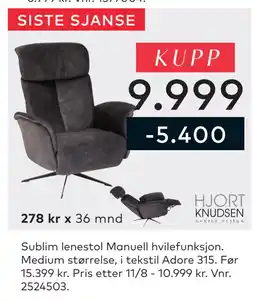 Skeidar Sublim lenestol Manuell hvilefunksjon tilbud