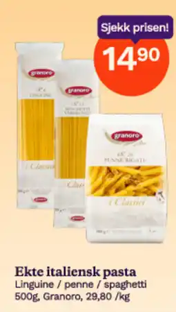 Ekte italiensk pasta Linguine / penne / spaghetti 500g, Granoro, 29,80 /kg