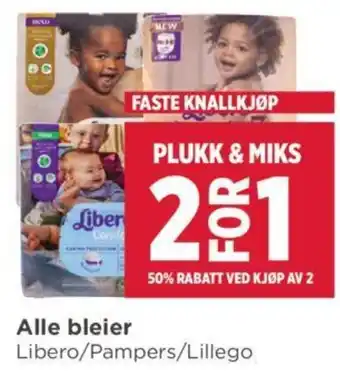 Meny Alle bleier Libero/Pampers/Lillego tilbud