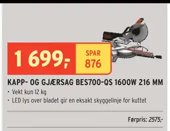 Montér KAPP- OG GJÆRSAG BES700-QS 1600W 216 MM tilbud