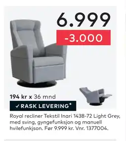 Skeidar Royal recliner Tekstil Inari 1438-72 Light Grey, med sving, gyngefunksjon og manuell hvilefunkjson tilbud