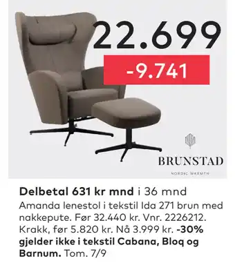 Skeidar Amanda lenestol i tekstil Ida 271 brun med nakkepute tilbud