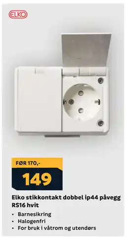 Megaflis Elko stikkontakt dobbel ip44 påvegg RS16 hvit tilbud