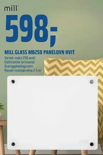 Coop Obs Mill glass mb250 panelovn hvit tilbud