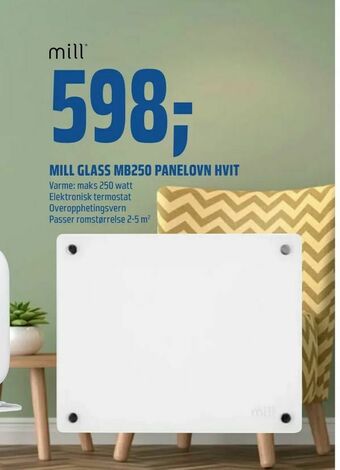 Coop Obs Mill glass mb250 panelovn hvit tilbud