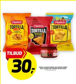 Bunnpris TORTILLACHIPS CHEESE, MIX CHEESE SWEET CHILI, STORE CHILI CHEESE OG SALSA DIP tilbud