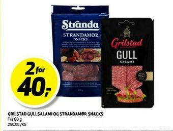 Bunnpris Grilstad gullsalami og strandamør snacks tilbud