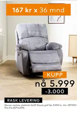 Skeidar Denver recliner elektrisk Stoff Slowly grå tilbud