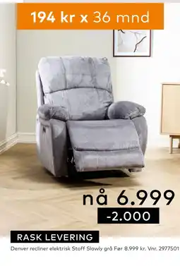 Skeidar Denver recliner elektrisk Stoff Slowly grå tilbud