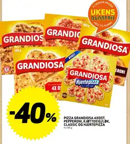 Bunnpris Pizza grandiosa 4xost, pepperoni, kjøttdeig/løk, classic og hjertepizza tilbud