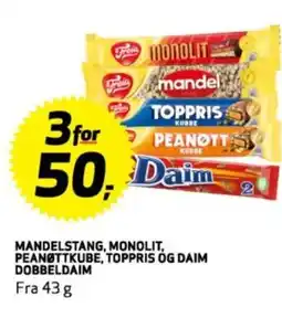 Bunnpris Mandelstang, monolit, peanøttkube, toppris og daim dobbeldaim tilbud