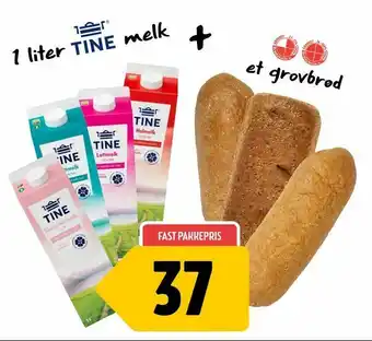 Coop Prix 1 liter tine melk + et grovbrød tilbud