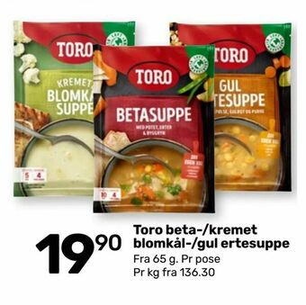 Coop Marked Toro beta-/kremet blomkål-/gul ertesuppe tilbud
