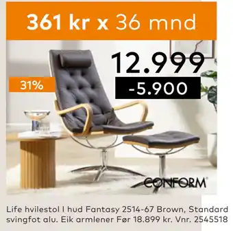 Skeidar Life hvilestol I hud Fantasy 2514-67 Brown tilbud