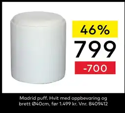 Skeidar Madrid puff. Hvit med oppbevaring og brett Ø40cm tilbud