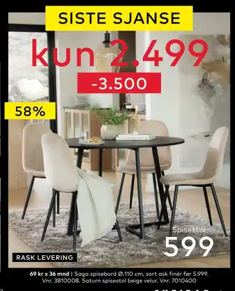 Skeidar Saturn spisestol beige velur tilbud