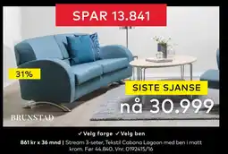 Skeidar Stream 3-seter, Tekstil Cabana Lagoon med ben i matt krom tilbud