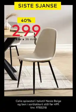 Skeidar Celia spisestol i tekstil Nesia Beige og ben i sortlakkert stål tilbud