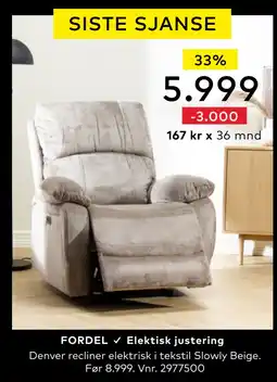 Skeidar Denver recliner elektrisk tilbud
