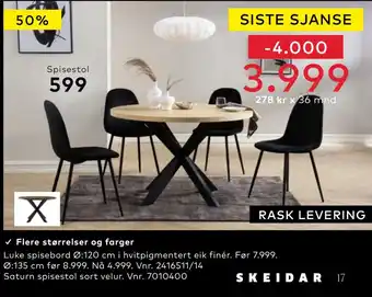 Skeidar Saturn spisestol tilbud