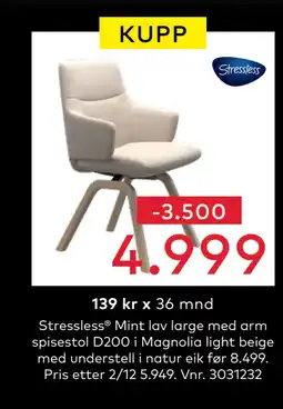 Skeidar Stressless Mint lav large med arm spisestol D200 i Magnolia light beige med understell i natur eik tilbud