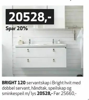 Flisekompaniet Bright 120 servantskap i Bright hvit med dobbel servant, håndtak, speilskap og sminkespeil m/ lys tilbud