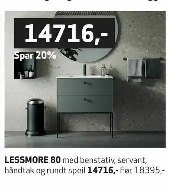 Flisekompaniet Lessmore 80 med benstativ, servant, håndtak og rundt speil tilbud