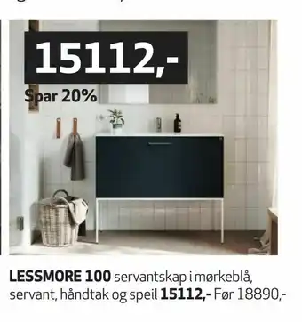 Flisekompaniet Lessmore 100 servantskap i mørkeblå, servant, håndtak og speil tilbud