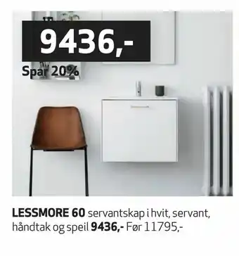 Flisekompaniet Lessmore 60 servantskap i hvit, servant, håndtak og speil tilbud
