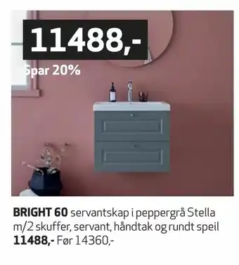Flisekompaniet Bright 60 servantskap i peppergrå Stella m/2 skuffer, servant, håndtak og rundt speil tilbud