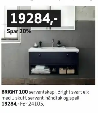 Flisekompaniet Bright 100 servantskap i Bright svart eik med 1 skuff, servant, håndtak og speil tilbud