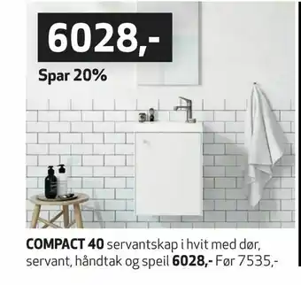 Flisekompaniet Compact 40 servantskap i hvit med dør, servant, håndtak og speil tilbud