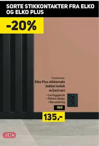 Megaflis Elko Plus stikkontakt dobbel innfelt m/jord sort tilbud