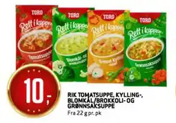 Bunnpris TORO Rik tomatsuppe, kylling-, blomkal/brokkoli- og grønnsaksuppe tilbud