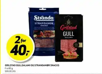 Bunnpris Grilstad gullsalami og strandamør snacks tilbud