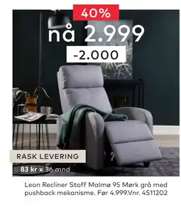 Skeidar Leon Recliner Stoff Malmø 95 Mørk grå tilbud