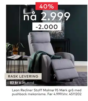 Skeidar Leon Recliner Stoff Malmø 95 Mørk grå tilbud