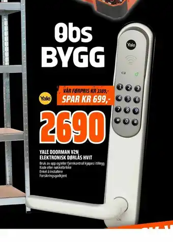 Obs Bygg Yale doorman v2n elektronisk dørlås hvit tilbud