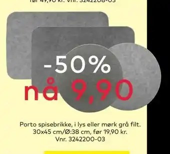 Skeidar Porto spisebrikke, i lys eller mørk grå filt tilbud