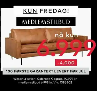Skeidar Westin 3-seter i Colorado Cognac tilbud