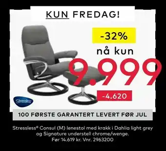 Skeidar Stressless® Consul (M) lenestol med krakk i Dahlia light grey og Signature understell chrome/wenge tilbud